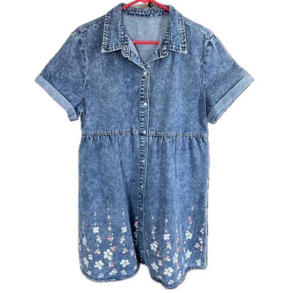 Dresses & Skirts - Denim Knee Length Dress Women Floral Short Sleeve Large Button Up Chambray